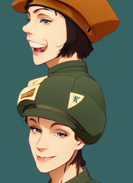 Prompt: portrait of young woman with light brown hair and hazel eyes dressed in a sharp dark teal military uniform with beret, saluting, smiling at camera, ilya kuvshinov, anime, cheerful