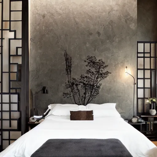 Image similar to bedroom, stone, interior design, stylish luxury hotel bedroom design, yakisugi, black vertical slatted timber, textures, feminine, black walls, art, Japanese pottery vase with flowers, kakejiku, seasonal, Japanese influences