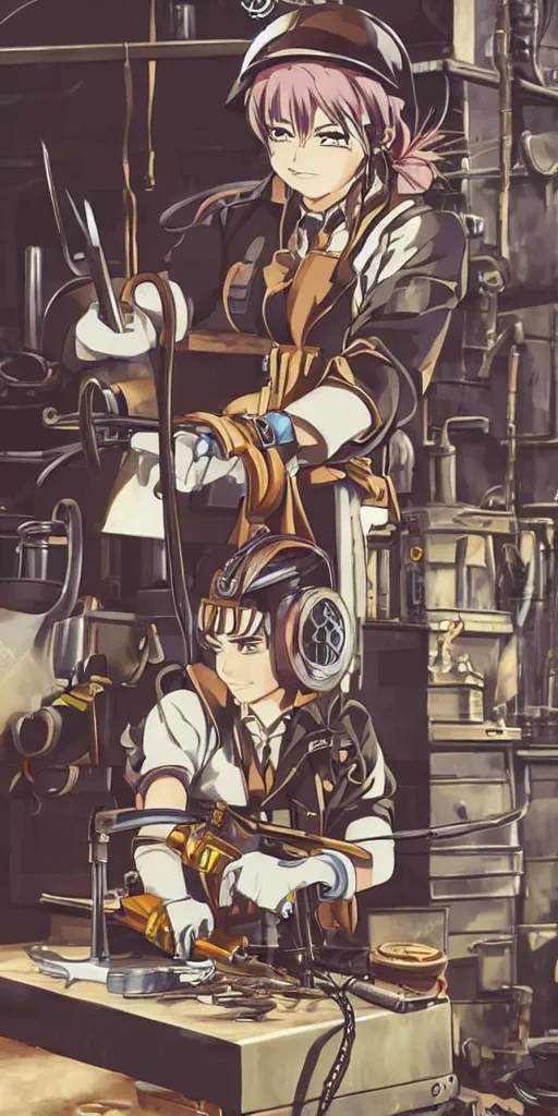 Image similar to Anime key visual of a steampunk girl welding metal in her workshop