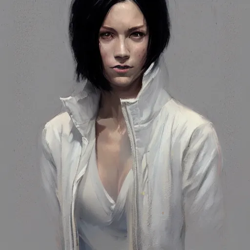 Image similar to portrait of a woman by greg rutkowski, anya solo, black bob hair, tall and slender, star wars expanded universe, wearing a white flying jacket, she is about 2 0 years old, highly detailed portrait, digital painting, artstation, concept art, smooth, sharp foccus ilustration, artstation hq