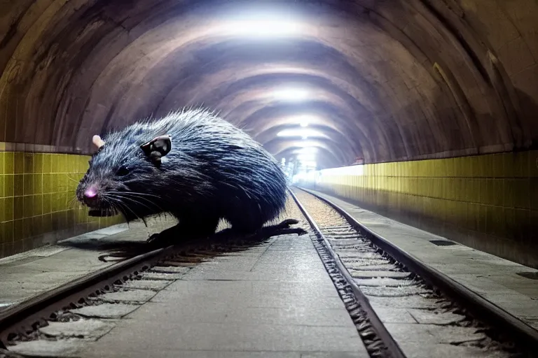 Image similar to very large giant mutant zombie irradiated ( angry rat ) staying on railways in tonnel of moscow subway. giant angry rat. 4 k, very realistic. extreme long shot, low dark light, scary mood, ( anish kapoor, herman nitsch ).