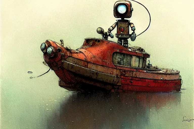 Image similar to adventurer ( ( ( ( ( 1 9 5 0 s retro future robot android mouse house boat tug boat calm stream. muted colors. ) ) ) ) ) by jean baptiste monge!!!!!!!!!!!!!!!!!!!!!!!!! chrome red