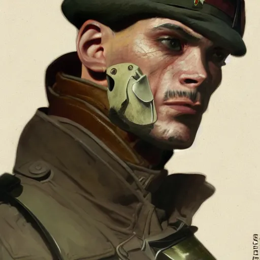 Image similar to a detailed matte painting of a cyborg velociraptor french resistance fighter wearing a beret, in nazi occupied france, 8 k, artstation, art by greg rutkowski and alphonse mucha