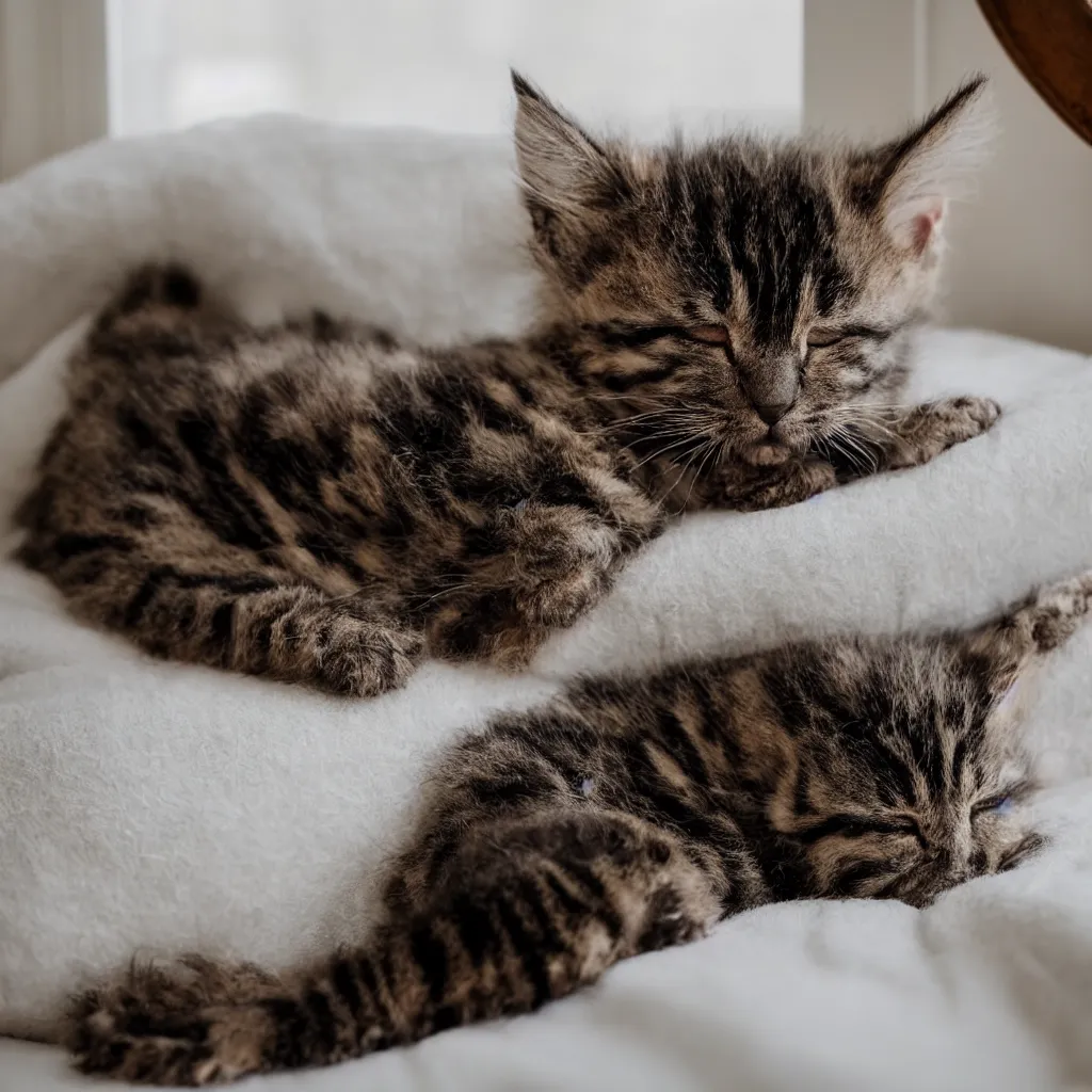 Prompt: a fluffy, brindle kitten sleeping near the window of a cozy, white bedroom, during a sunny morning, realistic