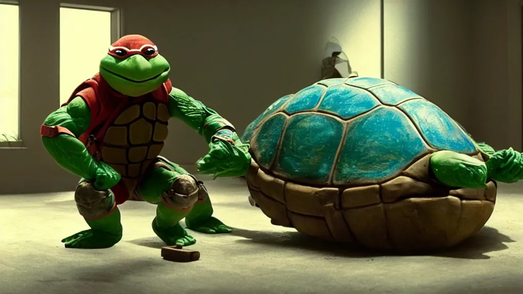 Image similar to a ninja teenage mutant turtle made of wax and water floats through the living room, film still from the movie directed by Denis Villeneuve with art direction by Salvador Dalí, wide lens