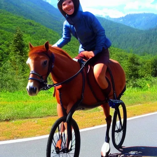 Image similar to horse on bicycle, cycling!!, anthropomorphic, in the mountains