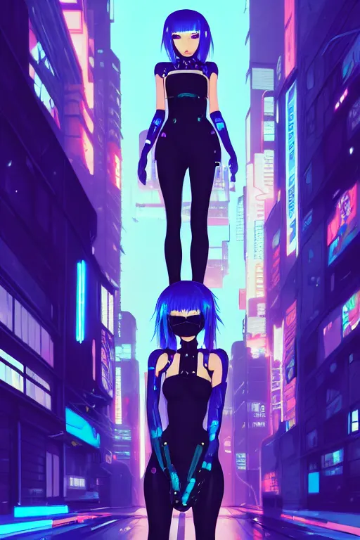 Image similar to digital illustration of cyberpunk pretty girl with blue hair, wearing a black ominatrix outfit, in city street at night, by makoto shinkai, ilya kuvshinov, lois van baarle, rossdraws, basquiat