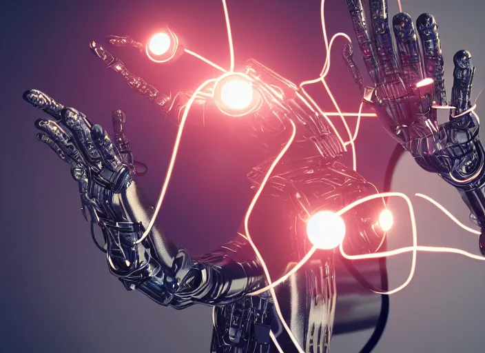 Prompt: a 3D render of a metallic hand made of shiny metal, cyborg cyberpunk with lights and electricity and wires, bokeh, Canon 50mm, cinematic lighting, volumetric light, octane, octane render, redshift render