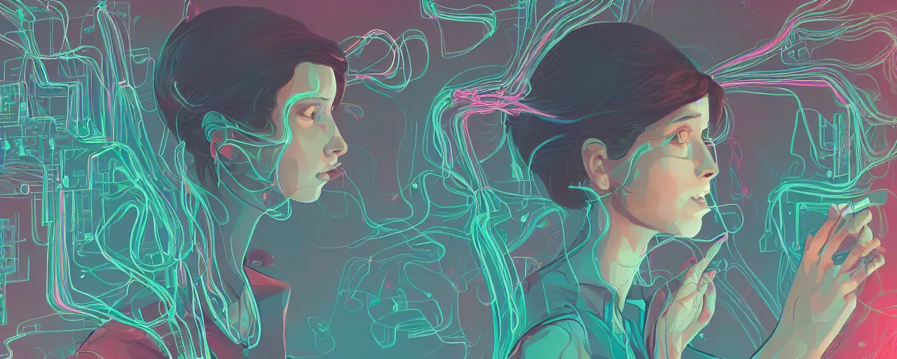 Image similar to A young woman with wires coming out of her head connecting to a computer, 4k wallpaper, digital art, deep colors, trending on arstation, by Victoria Rose, by Josan Gonzalez, by Juan Osorio