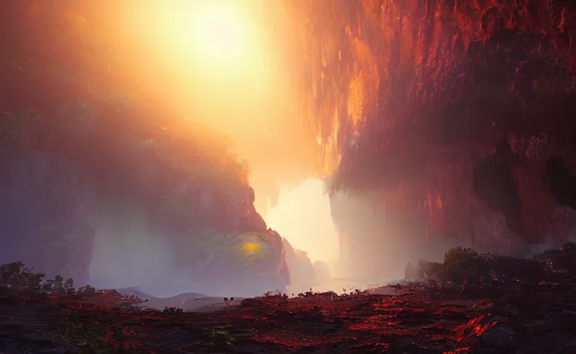 Image similar to a beautiful and stunning digital render of a humongous opal cave, dimly glowing crystals, haze, waterfall, volumetric lighting, photorealistic, red sky, sunset, unreal engine 5, ultra detail, trending on artstation