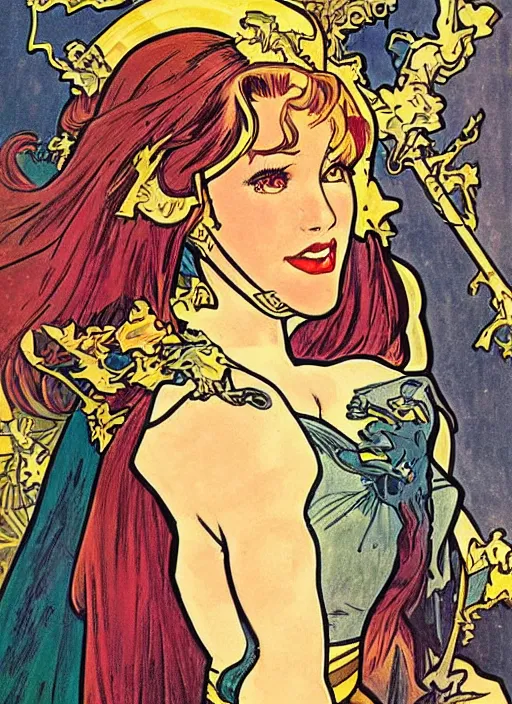 Prompt: head and shoulders portrait of a female knight. well composed, clean elegant painting, beautiful detailed face. comic book art by steve ditko and jack kirby and ( alphonse mucha )