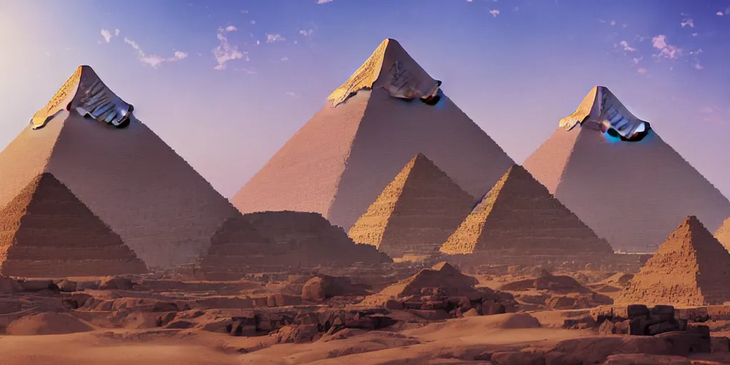 Image similar to egyptian landscape with pyramids by makoto shinkai