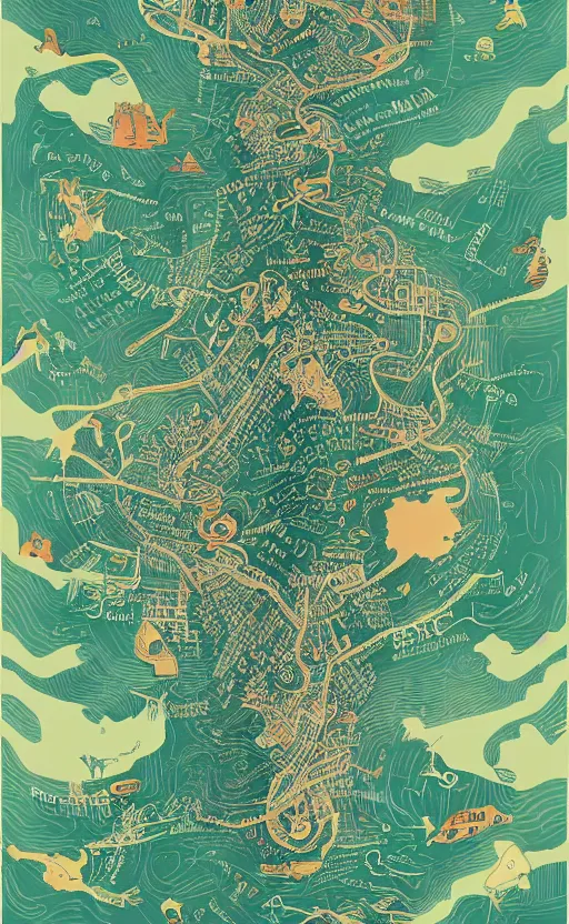 Prompt: a poster with a map on it, poster art by victo ngai, behance contest winner, environmental art, lovecraftian, intricate, infographic, marginalia, unreal engine