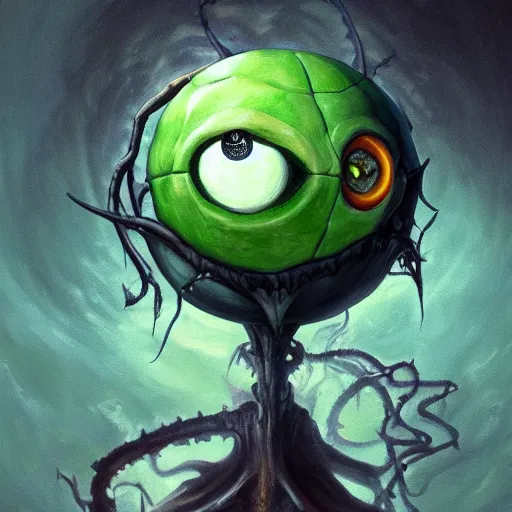 Image similar to a big one - eyed bumpy wrinkly ball sphere green pea, with boney arms and a single yellow eye of sauron, lovecraft, trending on artstation, 4 k, video game art, oil painting