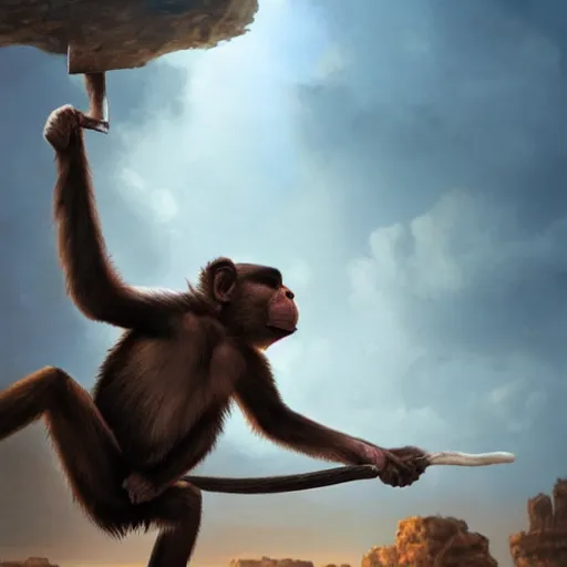 Image similar to a monkey throwing a bone to the air , dramatic lighting, cinematic, establishing shot, extremly high detail, photorealistic, cinematic lighting, artstation, style by James Gurney