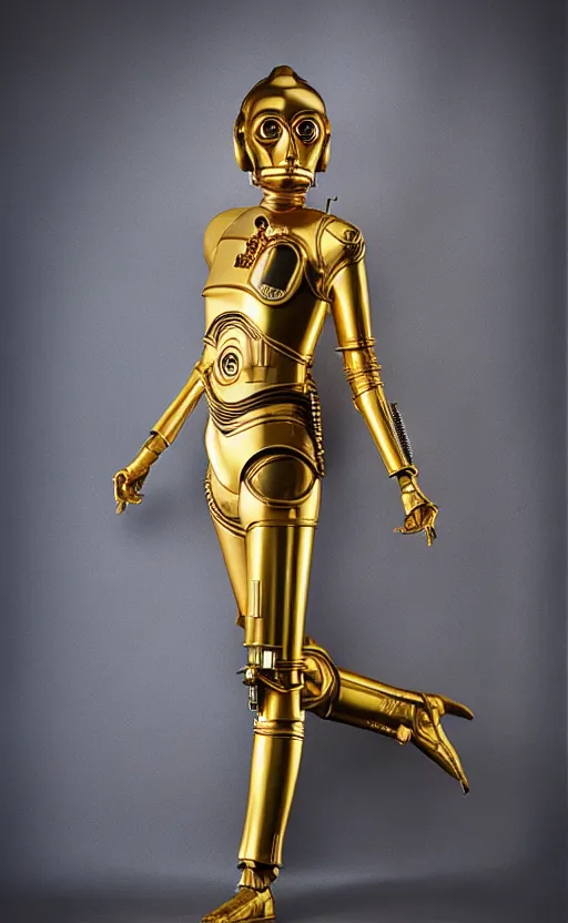 Image similar to female version of c 3 po, promotional photo, studio lighting