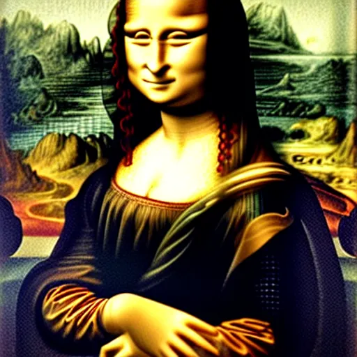 Image similar to mona lisa wearing a astronaut helmeted suit. painted by leonardo davinci