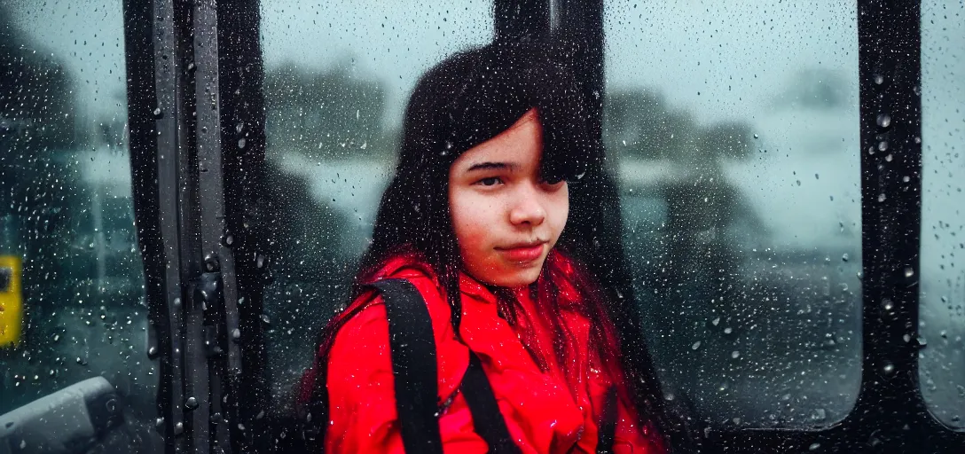 Prompt: Girl with red and black hair riding the bus on a rainy day, 8k photography, wide-shot