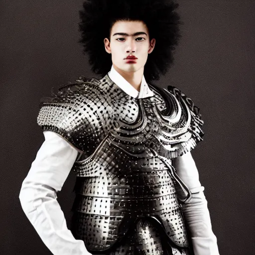 Image similar to a portrait of a beautiful young male wearing an alexander mcqueen armor made of black hair , photographed by andrew thomas huang, artistic