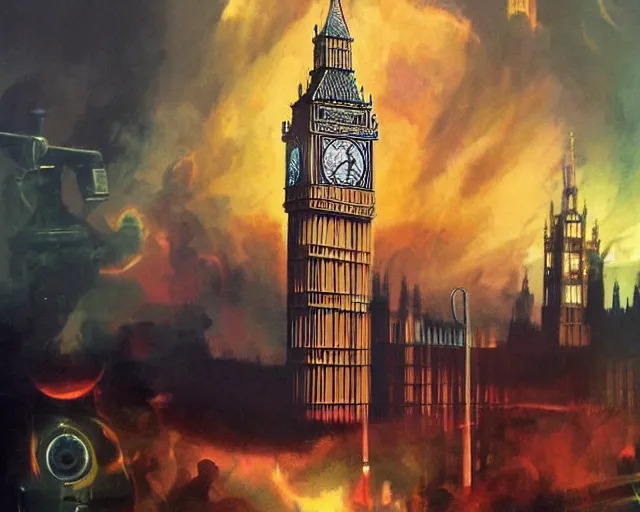 Image similar to big ben destroyed by a powerful juice explosion, painting by frank frazetta, 3 d rendering by beeple, wlop