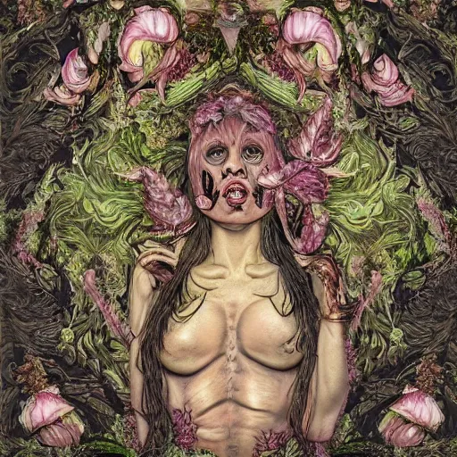 Prompt: a beautiful detailed rococo 8 0's photo of a rotten woman corpse morphing into fractal plants and fractal flowers and mushrooms, face muscles, veins, anatomical, intricate, ornate, volumetric light, beautiful lit, beetlejuice