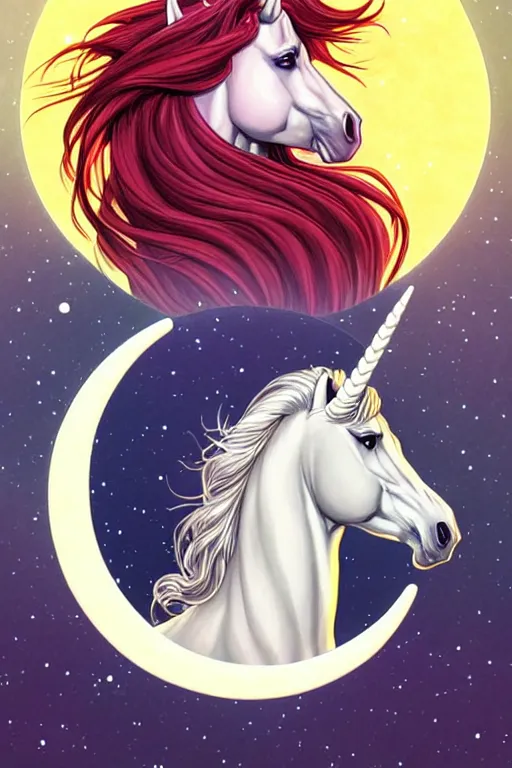 Prompt: comic cover art portrait of a majestic unicorn superimposed over a crescent moon, dnd, high fantasy digital illustration, by jenny frison and sana takeda, intricate details, stunning inking lines, flat colors, 4 k, hd, artstation