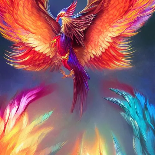 Image similar to cute flying chinese phoenix, sparkling bird eyes, embers surrounding her wings, shining rainbow feathers, smooth features, feathers on fire, highly detailed, digital painting, artstation, concept art, smooth, soft focus, beautiful rainbow colors, illustration, chinese phoenix art by Artgerm and greg rutkowski