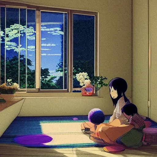 Image similar to incredible, a e s t h e t i c by makoto shinkai kokedama. a beautiful conceptual art harmony of colors, simple but powerful composition. a scene of peaceful domesticity, with a mother & child in the center, surrounded by a few simple objects. colors are muted & calming, serenity & calm.