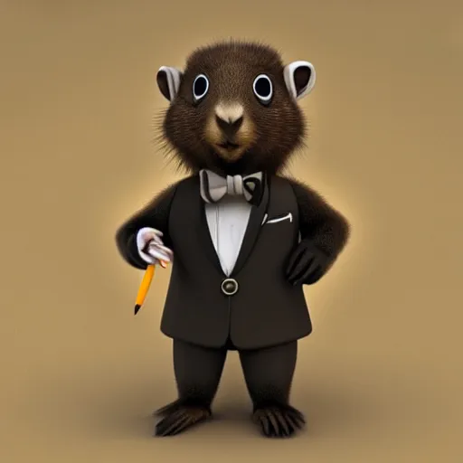 Image similar to a cute anthro brown marmot in a tuxedo while holding a pencil, digital art, trending on art station, 3 d artistic render, octane, blender, cartoon, shadows, lighting