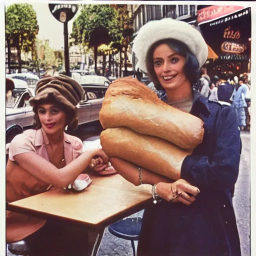 Prompt: professional archival photo of a woman and her friend, a puppet that looks like an enormous baguette, in a sidewalk cafe in paris, wearing berets, 16mm film soft color, earth tones and some color accents 1976, vacation photo, expired film, in style of doris wishman russ meyer, woman looks like sofia loren