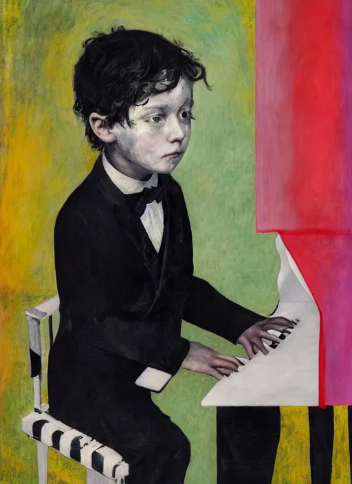 Image similar to portrait of a child piano player in tuxedo painted by vincent lefevre and hernan bas and pablo amaringo and pat steir and hilma af klint, psychological, photorealistic, dripping paint, washy brush, rendered in octane, altermodern, masterpiece