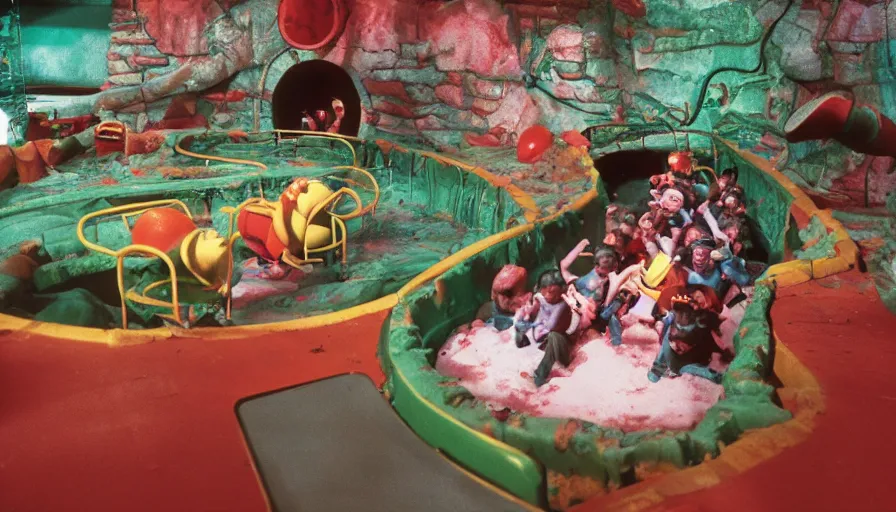 Prompt: 1990s photo of inside the Wacky Mouse Trap Slime Pit ride at Universal Studios in Orlando, Florida, children riding through scary sewer filled with rat monsters and slime, cinematic, UHD