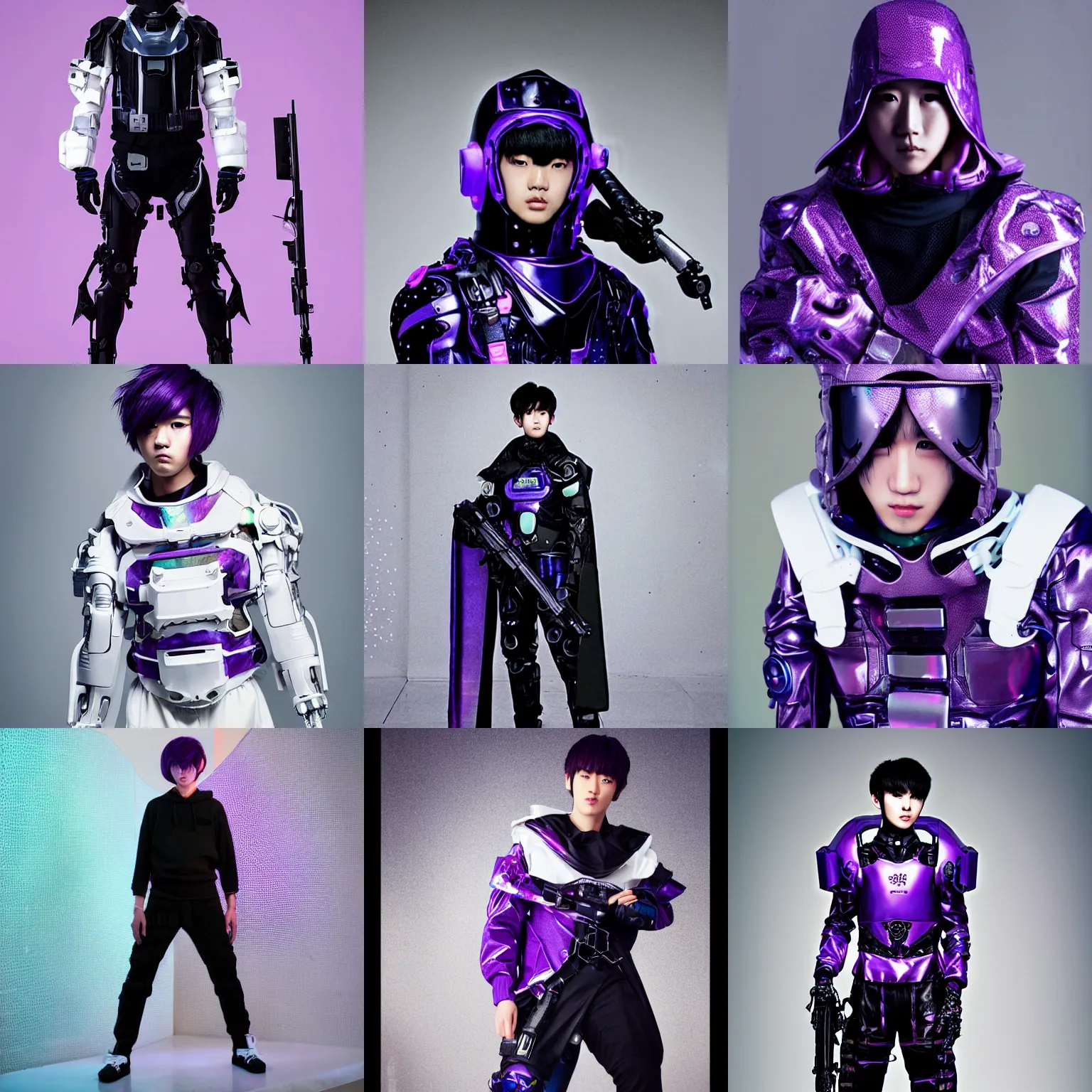 Prompt: male ulzzang with white sci - fi tactical gear, black cybernetic enhancements, purple holographic hood, full shot fashion photography, by irving penn and storm thorgerson, ren heng