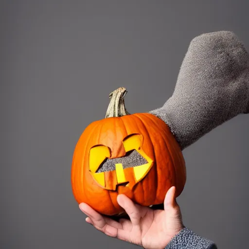 Image similar to man with pumpkin head, in black turtleneck, waving hands, at grey backgroud, studio light, 4 k