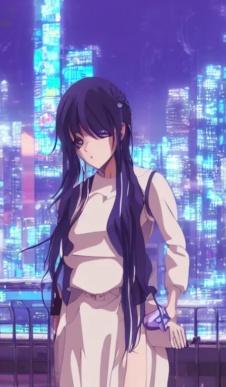 Image similar to anime fine details portrait of Mizore Shirayuki in front of cyberpunk modern city landscape on the background deep bokeh, close-up view, anime masterpiece by Studio Ghibli, 8k, sharp high quality anime, artstation