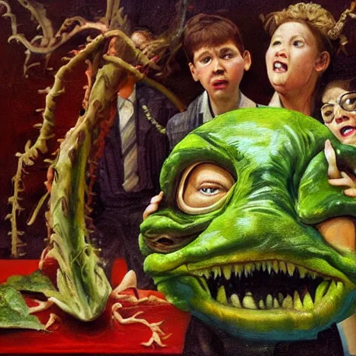 Image similar to Little Shop of Horrors as a Shakespearean tragedy, realistic oil painting