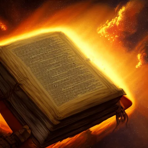 Image similar to long shot of an ancient book on a vintage table in space, concept art, sci - fi illustration, painting, realistic, global illumination, radiant light, detailed and intricate environment, 8 k, h 6 4 0