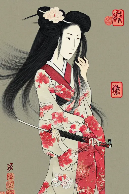 Prompt: portrait of a long haired woman wearing a red kimono playing a biwa in traditional japanese house, feudal japan, delicate, detailed long black hair, detailed flower pattern kimono, elegant, anime key visual, fukaya yuichiro