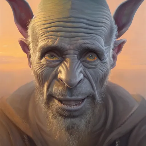 Prompt: Beautiful hyperrealistic detailed matte portrait painting of a grey goblin with wide head and a triangular upwards pointing nose, by andreas rocha and john howe, and Martin Johnson Heade, featured on artstation, featured on behance, golden ratio, f32, well composed, cohesive