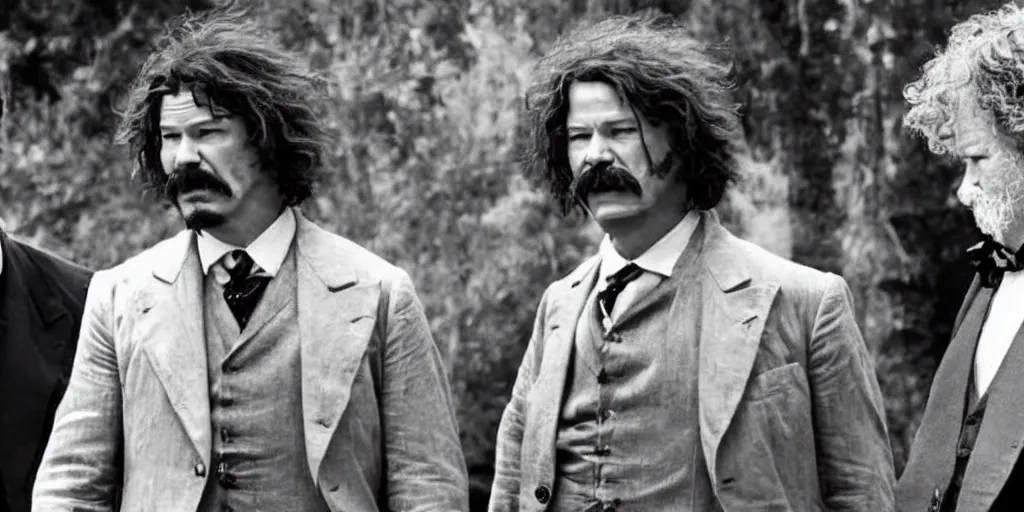 Image similar to Keanu Reeves and Tom Hardy as Mark Twain and Winston Churchill in 'T-Waain vs. C-hill: The Rap Battle of the century' (2017), movie still frame