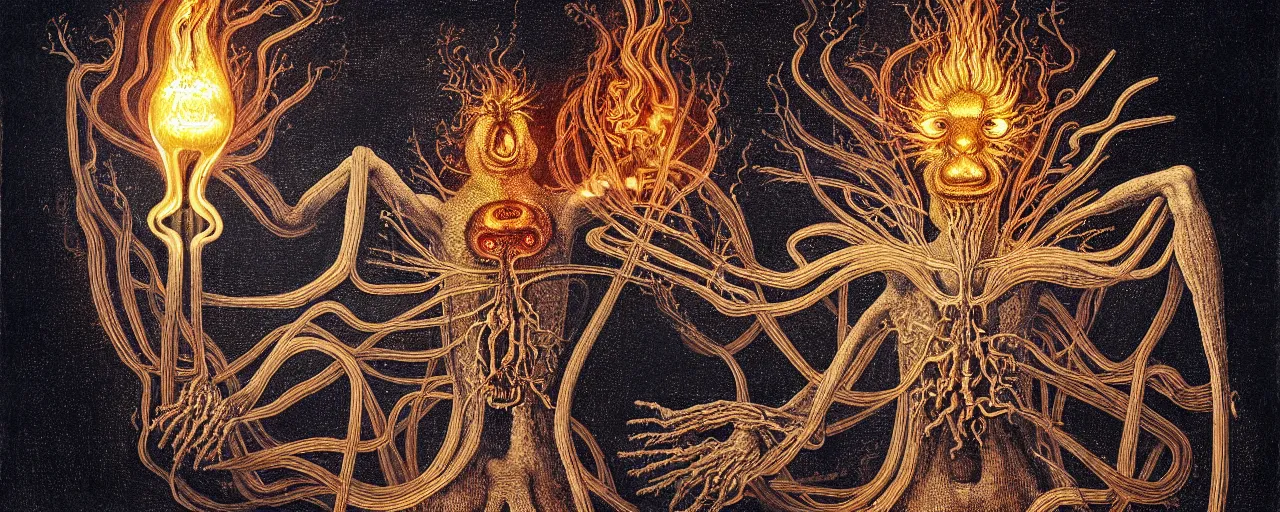 Image similar to a strange fire creature with endearing eyes radiates a unique canto'as above so below'while being ignited by the spirit of haeckel and robert fludd, breakthrough is iminent, glory be to the magic within, in honor of saturn, painted by ronny khalil