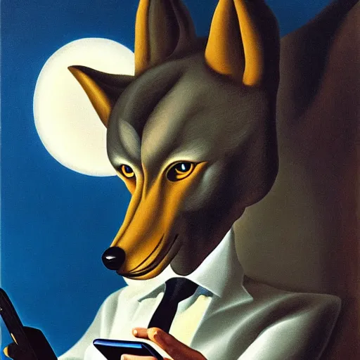 Image similar to an anthropomorphic male wolf fursona checking his smartphone, surrealism, by salvador dali and rene magritte, oil on canvas, soft lighting