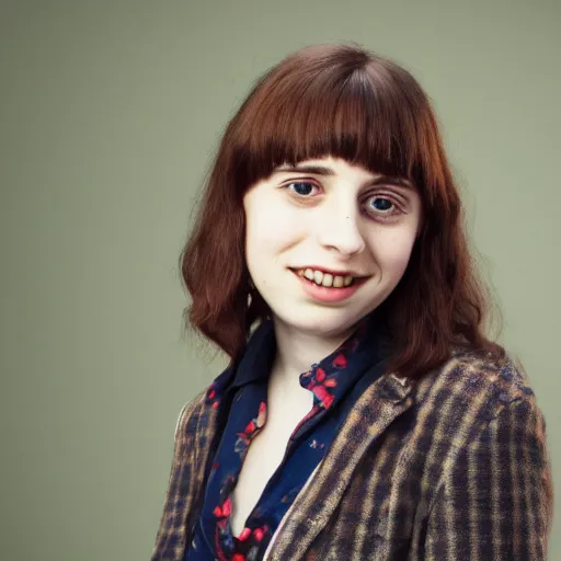Prompt: photographic portrait of a hybrid of lisa minelli and maya hawke and isy suttie aged 2 2, with a fringe, 8 k