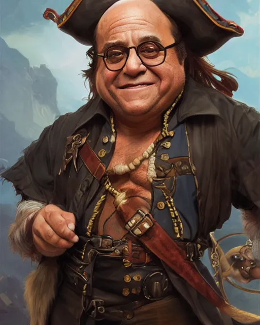 Image similar to portrait of Danny Devito as a pirate, highly detailed, digital painting, artstation, concept art, sharp focus, illustration, art by artgerm and greg rutkowski and alphonse mucha