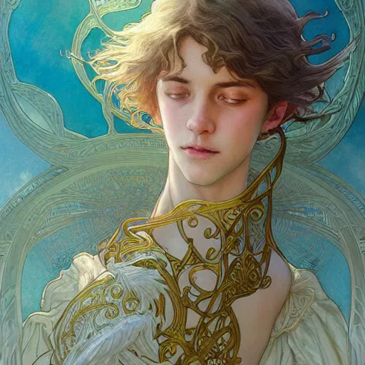 Image similar to an angelic boy, highly detailed, very intricate, art nouveau, gold filigree, romantic storybook fantasy, soft cinematic lighting, award winning, disney concept art watercolor illustration by mandy jurgens and alphonse mucha and alena aenami, pastel color palette, featured on artstation