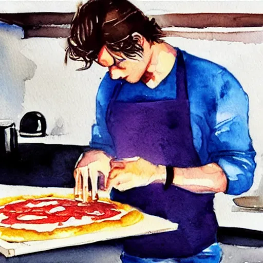 Image similar to a watercolor painting of Joe Keery making a pizza, ultra realistic