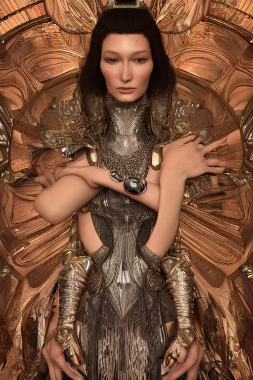 Image similar to a highly detailed medium shot 8 k render portrait of an alien goddess bella hadid in iris van herpen dress schiaparelli armor in diamonds and lots of jewelry in style of alphonse mucha trending on artstation made in unreal engine 4