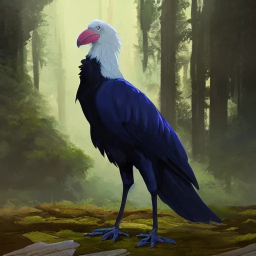 Image similar to concept art painting of an anthropomorphic albino raven wearing dark blue robes, in the deep forest, realistic, detailed, cel shaded, in the style of makoto shinkai and greg rutkowski and james gurney