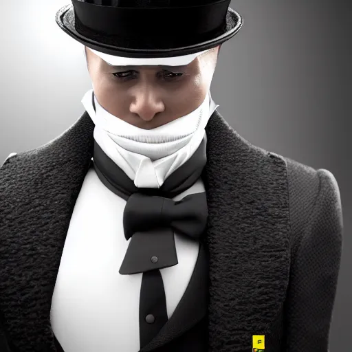 Image similar to a highly detailed portrait of a man in a high top hat covering his face, in a black tailcoat with a yellow waistcoat under the tailcoat, artstation, deviantart, professional, unreal engine 5, photorealistic