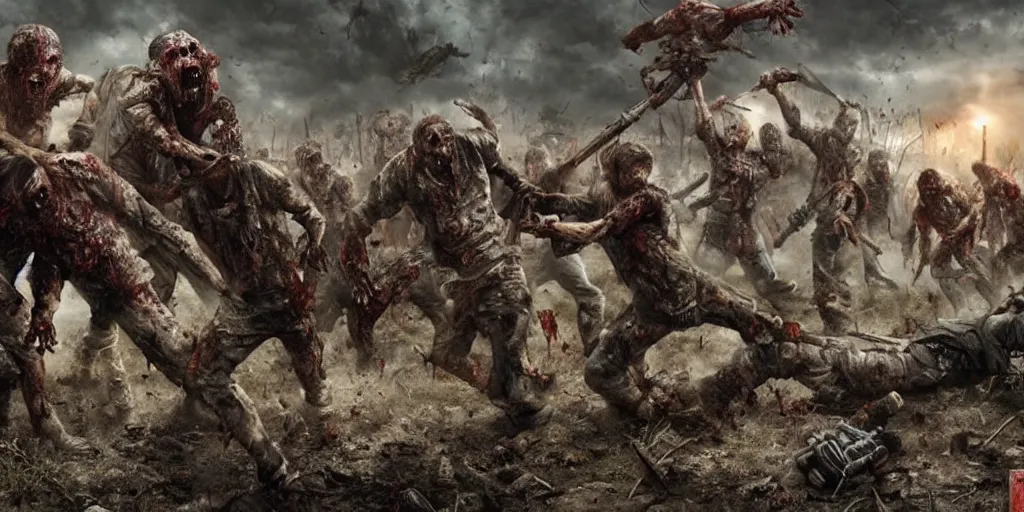 Image similar to epic battle scene of zombies, post-apocalyptic, post-human, Epic Background, highly detailed, sharp focus, 8k, 35mm, cinematic lighting